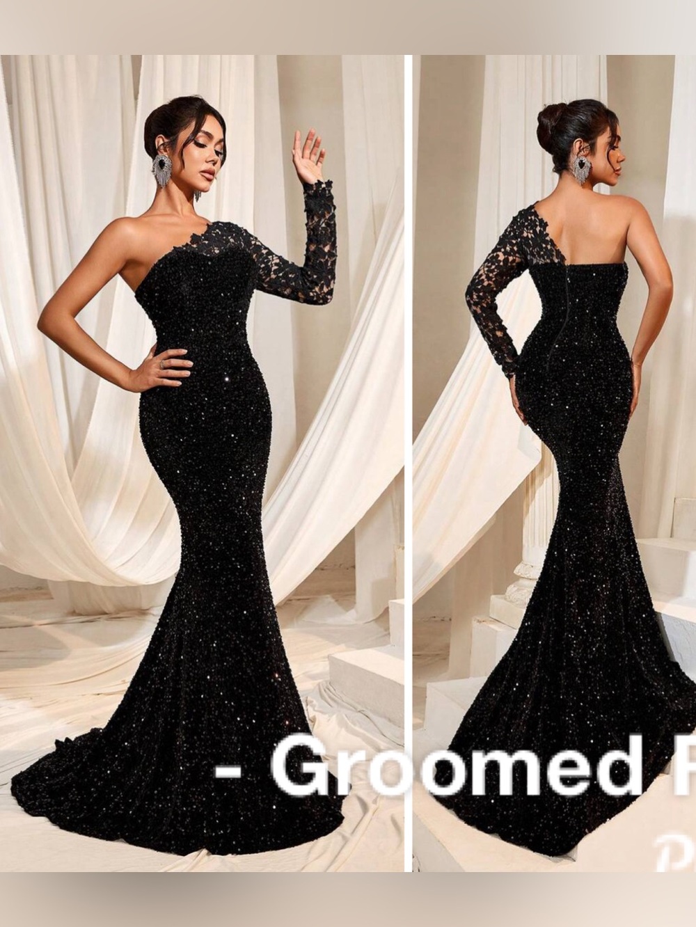Faeriesty Elegant One Shoulder Lace Sequin Mermaid Dress Size XL